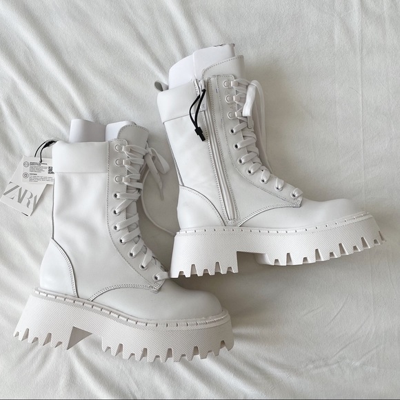 Zara White Lug Sole Lace-Up Leather Ankle Boots Size 5 - Picture 5 of 13